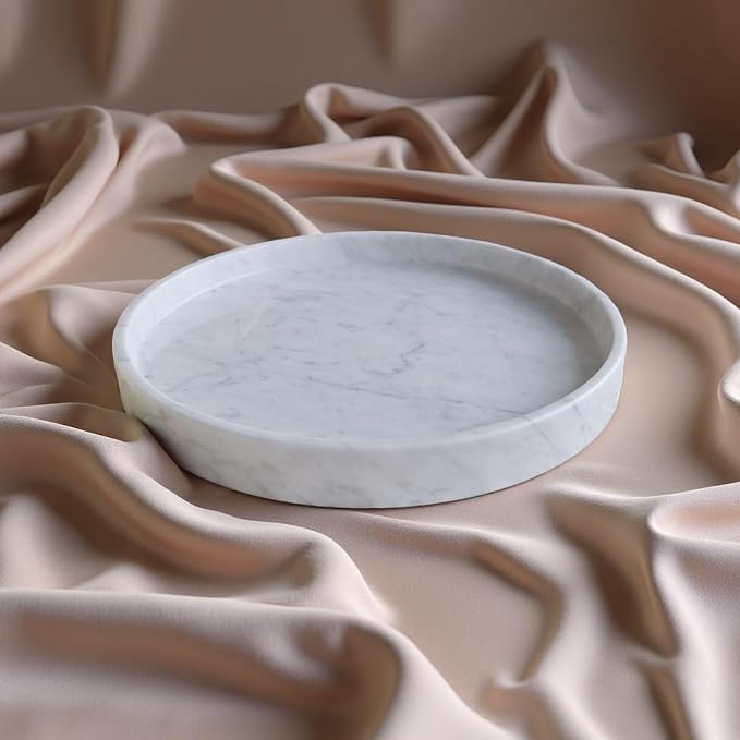 Apasqro Carrara White Marble Tray Round 10 Inch, Natural Stone Perfume & Dessert Tray, Elegant Serving & Display Plate for Home, Vanity, 2 cm Deep, Non-Slip Base
