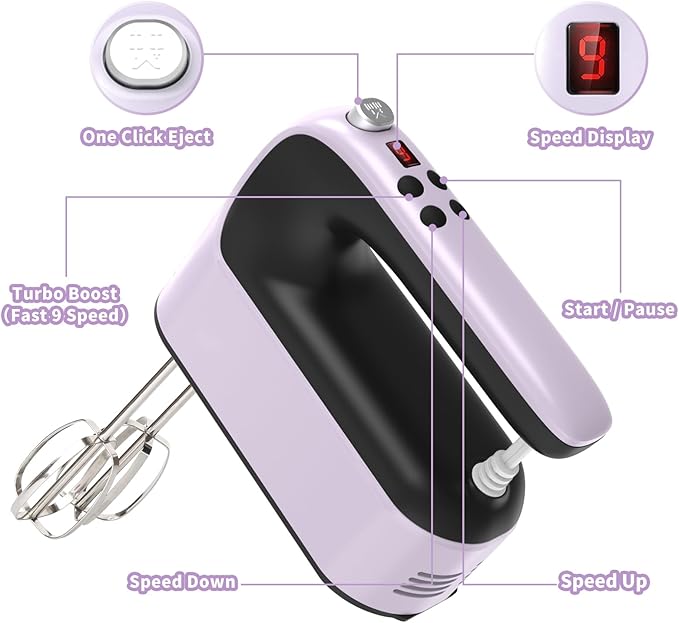 Yomelo 9-Speed Digital Hand Mixer Electric, 400W Powerful DC Motor, Hand Mixer Electric Handheld with Snap-On Storage Case, 5 Stainless Steel Accessories, Beaters, Dough Hooks, Whisk(Purple/Black)