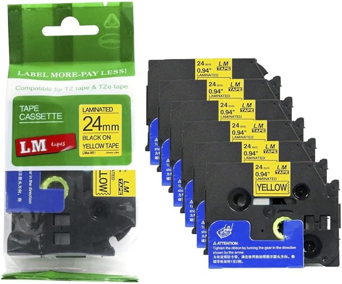 6/Pack LM Tapes - LMe-651 Premium 1" Black Print on Yellow Label Compatible with Brother TZe-651 P-Touch and Includes Tape Color/Size Guide. Replaces TZ651 24mm 0.94 Laminated