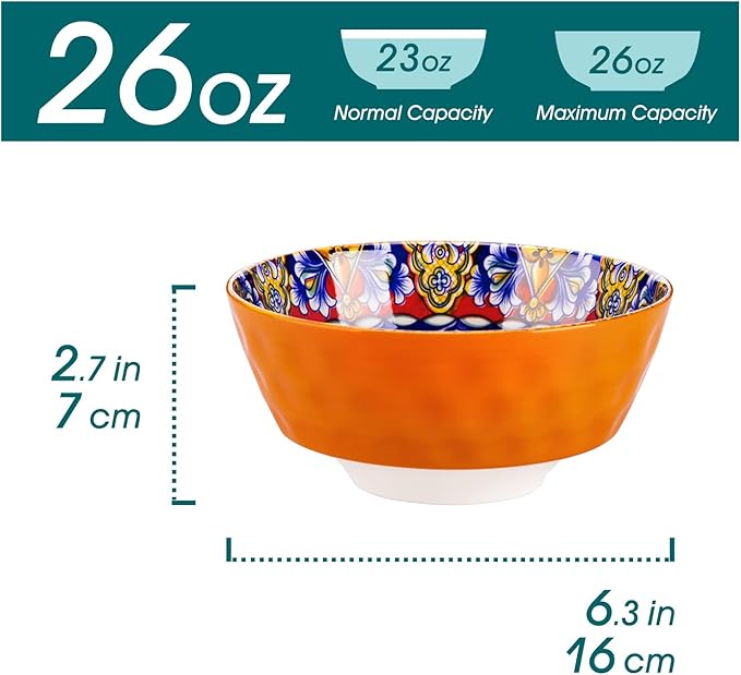 vancasso Cereal Bowls, Ceramic Soup Bowls Set of 6, 26 oz Colorful Bowls Set for Kitchen, Dishwasher & Microwave Safe- for Cereal, Soup, Oatmeal, Ice Cream, Salad, Pasta etc.