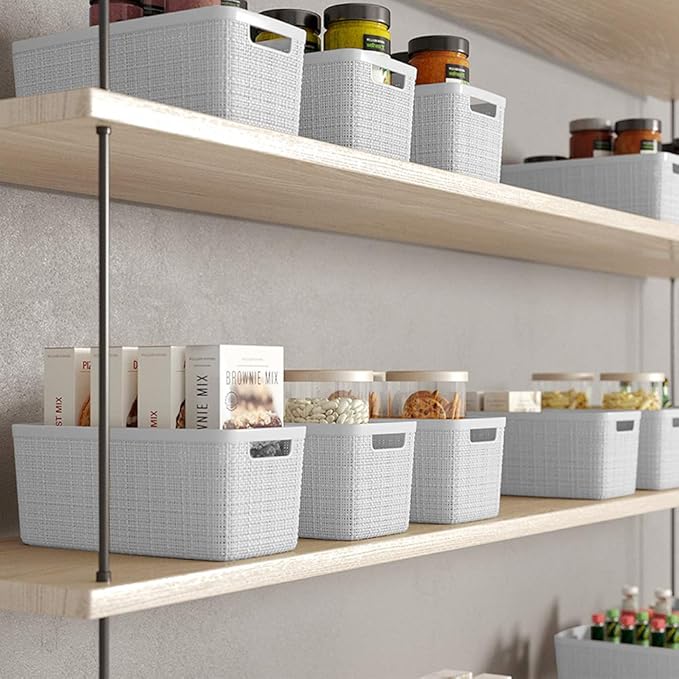 Curver Set of 8 Slim 6.8L Jute Decorative Plastic Organization and Storage Baskets - Perfect Bins for Home Office, Closet Shelves, Kitchen Pantry and All Bedroom Essentials, White