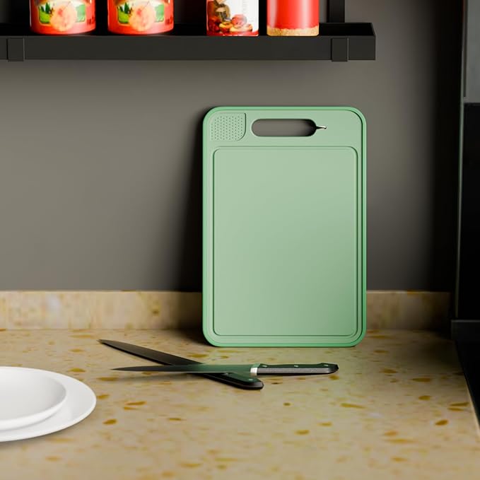 2-Sided Cutting Board with Built-In Grinder & Knife Sharpener - Stainless Steel & Buckwheat Surface - Non-Slip, Durable, Easy-to-Clean, Juice Groove, Portable for Kitchen & Camping (Mint)