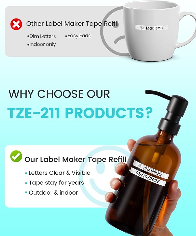 TZe-211 TZ Tape 6mm 0.23 Laminated White Replacement for Brother P Touch Label Maker Tape 6 mm for Brother PT-D220 PT-D210 PT-H110 PT-D400 PT-D600, 0.23 Inch, 4-Pack