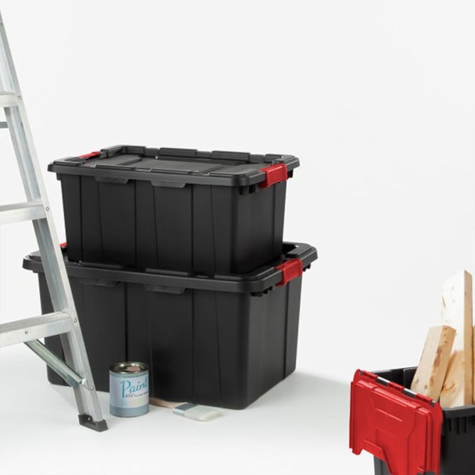 Sterilite 12-Pack Industrial Tote, Plastic Storage Bins with Lids, 27 Gallon, Black - Heavy-Duty Organizing Containers for Closet, Bathroom, and Office