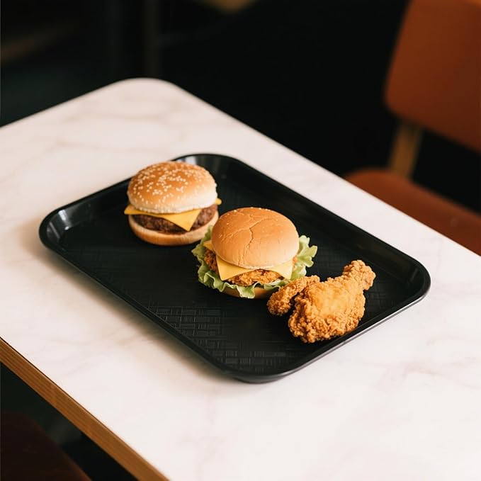 JOIKIT 8 Pack 12 x 16 Inch Fast Food Trays, Plastic Fast Food Serving Trays Rectangular Cafeteria Tray Textured Food Serving Trays for Commercial, Home Use, Black