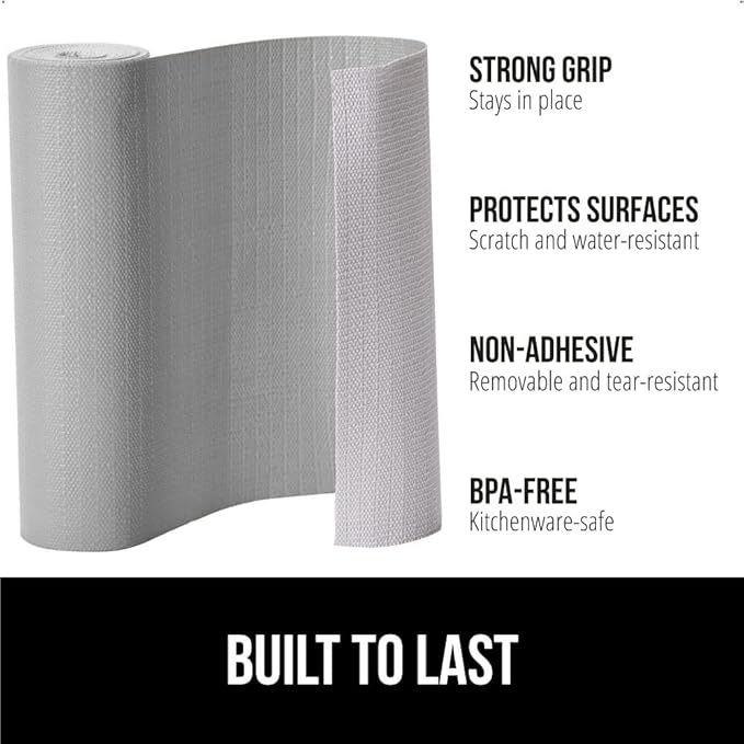 GORILLA GRIP DripGuard Shelf Liner, Non Adhesive Drawer and Kitchen Cabinet Protector, Slip Resistant BPA Free Smooth Surface Plastic Liners for Cabinets, Bathrooms, Closets, 17.5x240 Inch, Light Gray