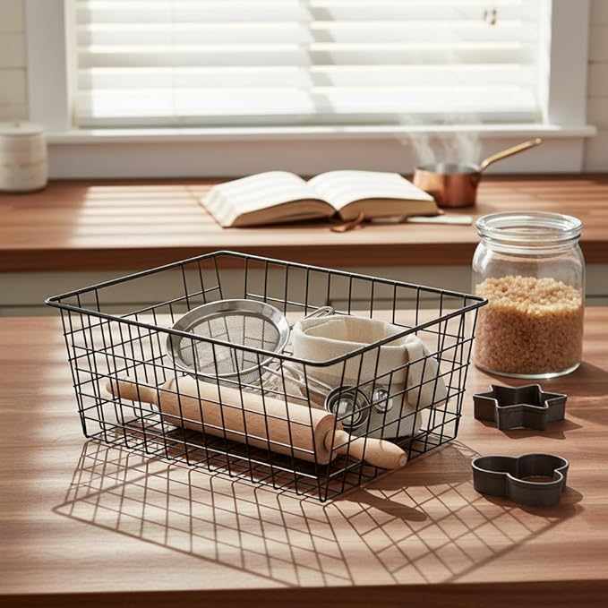Aeggplant Kitchen Wire Baskets Farmhouse Decor Metal Food Storage Organizer,Household Refrigerator Bin with Built-in Handles for Cabinets,Pantry,Bathroom,Black
