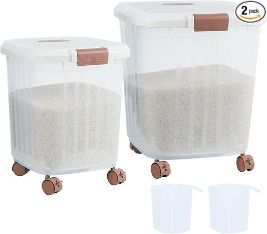30 LB+50 LB Airtight Flour Rice Storage Container, Airtight Cereal Grain Dry Food Storage Container Bin with Wheel, For Rice | Grain | Pet Food | Flour, 2 count(Clear)