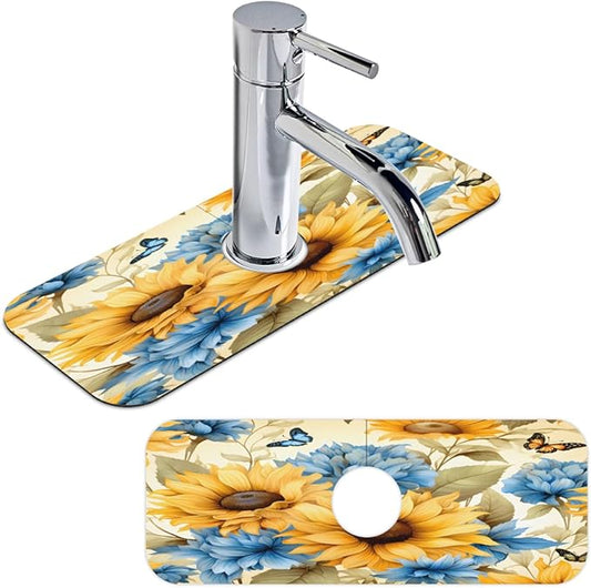 Sunflower Blue Bloom Kitchen Faucet Mat Splash Guard, 15.4”x5.7” Absorbent Quick Drying Sink Mat for Countertop Protection, Draining Mat Sink Protectors For Kitchen Bathroom, 2 Pack