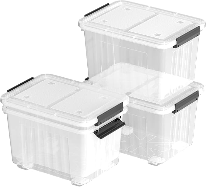 30 Quart 4 Pack Plastic Storage Bins with Latching Lids and Wheels, Clear Latch Box Container