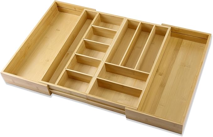 MH MYLUNE HOME Large Bamboo Expandable Drawer Organizer, Silverware Organizer for Drawers, 16 to 30 Inches Wide, 7-13 Slots, Kitchen Drawer Organizers for Utensils, Bamboo Wood Cutlery Organizers
