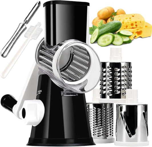 Maxceysen Rotary Cheese Grater with Handle Vegetable Shredder Round Kitchen Slicer Mandoline Grater for Vegetable, Nuts, Chocolate, Chesse, White, 3 Stainless Steel Blades