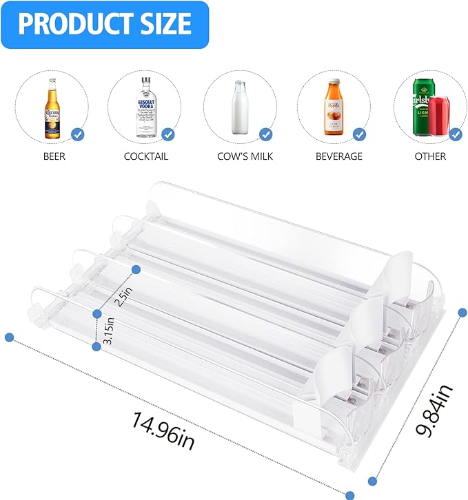 SOLY Drink Organizer for Fridge, Automatic Soda Can Dispenser with Pusher, 5-Row Refrigerator Drink Organizer Holds 25–30 Cans, 14.96" Deep