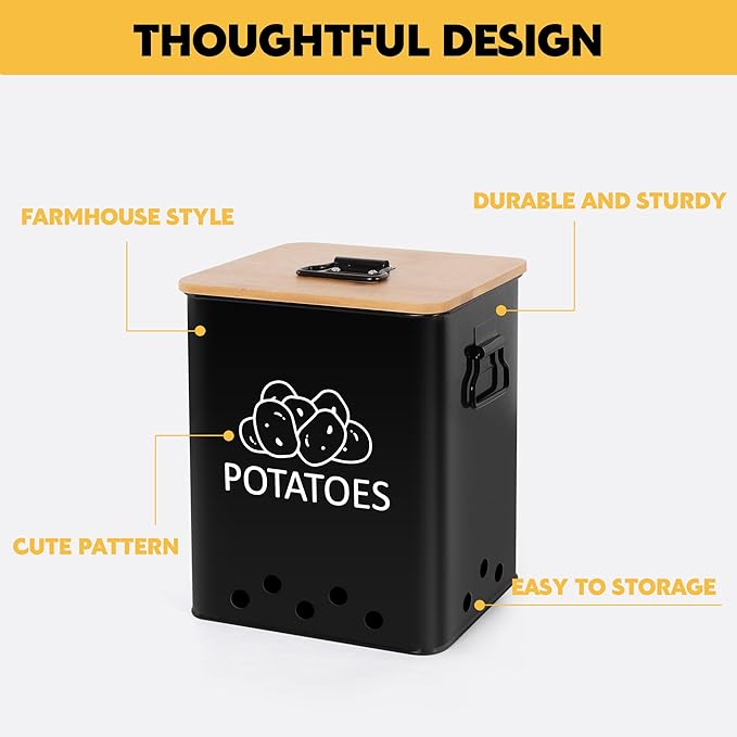 Potato and Onion Storage Bin, Set of 2 Vegetable Storage Tins with Wooden Lids & Side Handles, Dual-row Ventilation Holes, Farmhouse Metal Kitchen Canisters Sets, Black