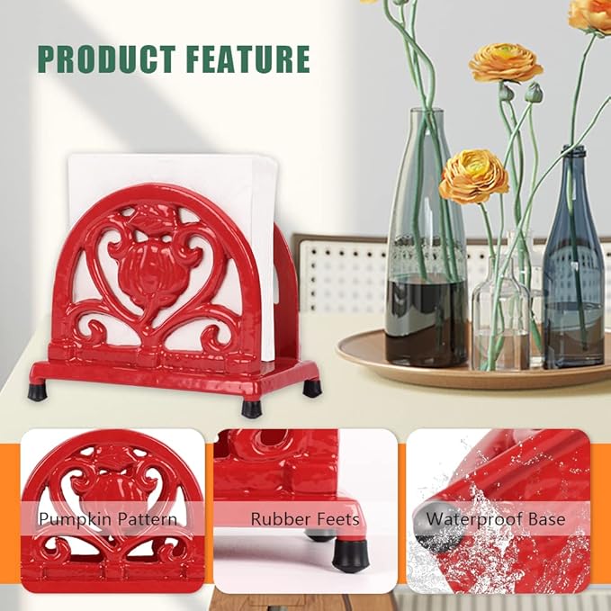 MINLUFUL Napkin Holder for Table - Vintage Farmhouse Kitchen Restaurant Cast Iron Napkin Holder for Dinner Cocktail Paper Napkins, Red