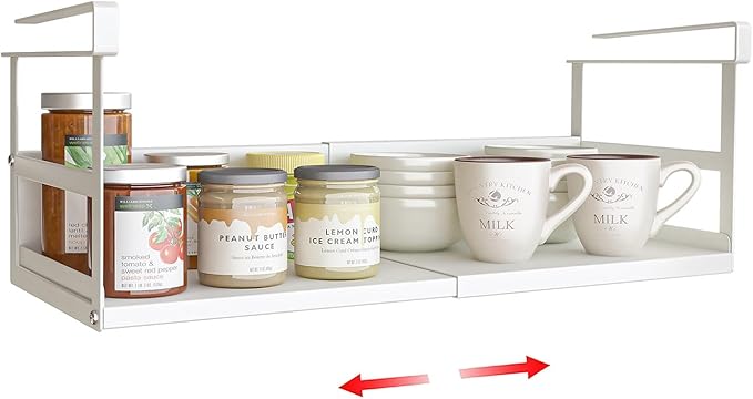 SHINEWON Expandable Under Cabinet Shelf Organizer with 0.94-Inch Thick Clips, Heavy Duty Extendable Under Shelf Storage Basket for Pantry or Laundry Room, White, 1 Pack, Interior: 5.7" H x 7.2" D