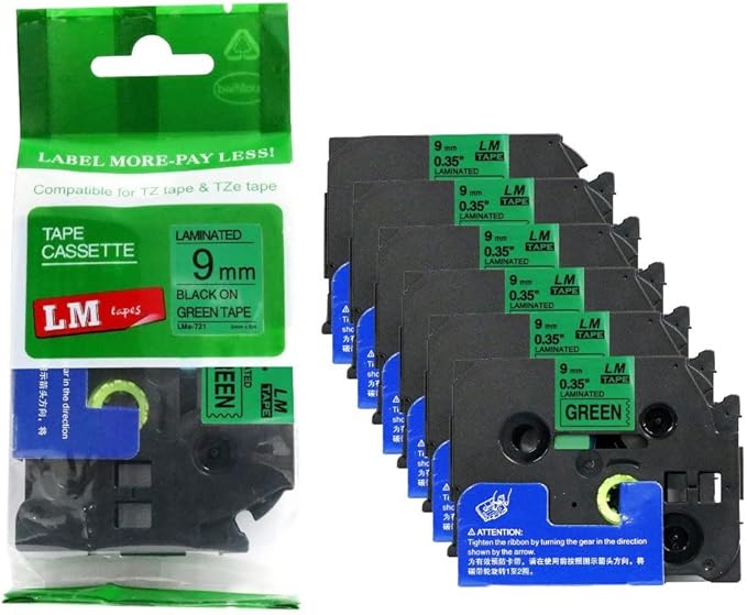 6/Pack LM Tapes - LMe-721 Premium 3/8" Black Print on Green Label Compatible with Brother TZe721 Tape and Includes Tape Color/Size Guide. Replaces TZ-721 9mm 0.35 Laminated.