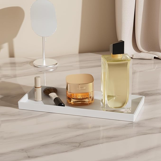 Mriluvy Vanity and Bathroom Tray, 11.8" ABS Countertop Organizer,Waterproof Vanity Tray for Toilet Tank,Perfume,Soap,Keys,Bathroom Accessories,Kitchen and Bath Trays,Non Slip Small Trays,White,2 Pack