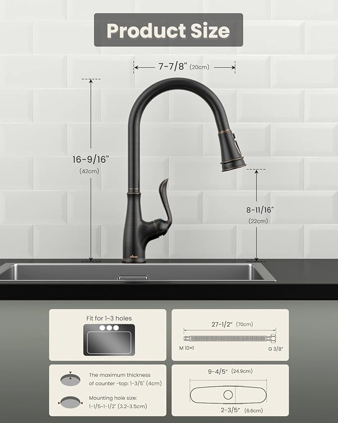 APPASO Pull Down Kitchen Faucet with Sprayer Oil Rubbed Bronze, Antique ORB Single Handle High Arc Faucet, cUPC-Certified Pull-Out Hose, Water Supplies & Valve Core