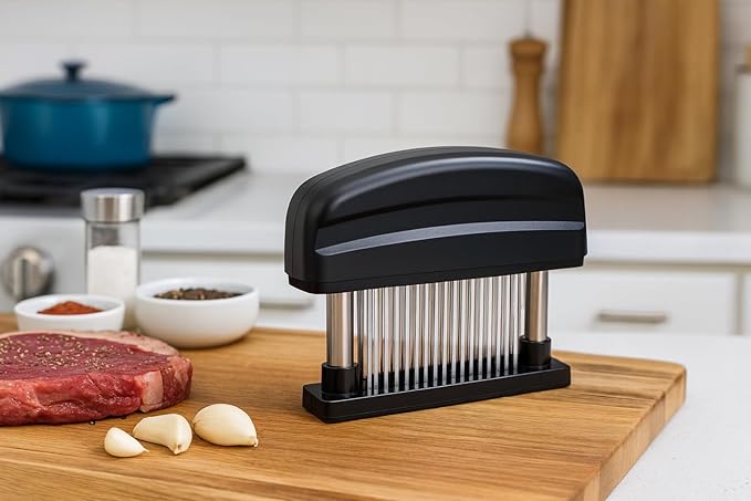 Venmark Meat Tenderizer Tool - 48 Stainless Steel Needle Blades for Tenderizing Chicken, Steak, Pork, Beef – Handheld Meat Tenderizer Stapler to Enhance Texture & Taste – Complete with Cleaning Brush