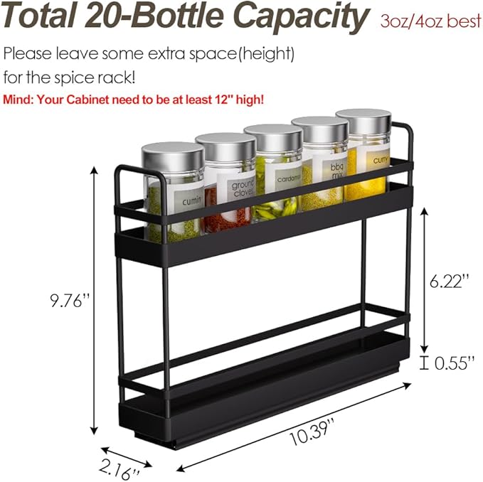 Finnhomy Pull Out Spice Racks for Inside Cabinets, Whole Metal Manufacturing, Vertical Spice Rack Pull Out, Spice Organizer, 2.16" W × 10.39" D × 9.76" H, 2 Drawers & 2 Tiers, 2 Pack, Black