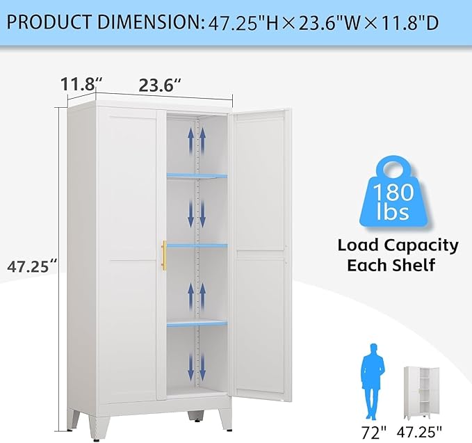 erosoei Metal Pantry Storage Cabinet, Kitchen Storage Cabinets with Adjustable Feet and Shelves, Metal Pantry Cabinet for Kitchen, Living Room, Laundry Room and Dinning Room (2door-White)