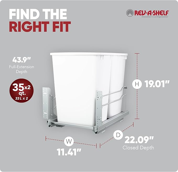 Rev-A-Shelf Double Trash Can Under Kitchen Cabinets Pullout, 35 Quart 8.75 Gallon with Soft-Close Slides, White, 53WC-1835SCDM-211