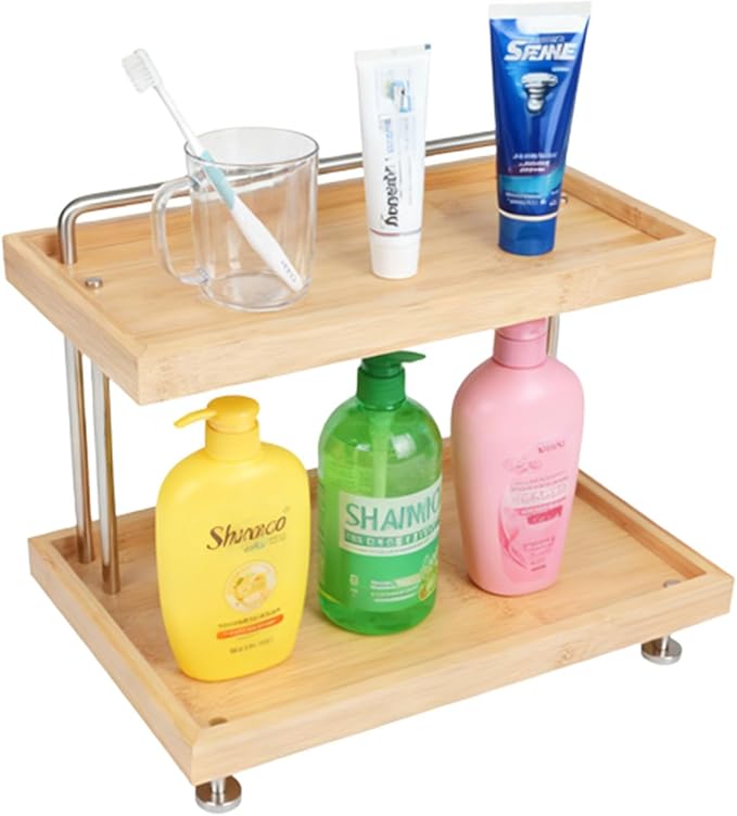 HYNAWIN Bamboo Two-Tier Storage Rack，Tabletop Storage Organizer for Kitchen, Bathroom, Office, and Home Use