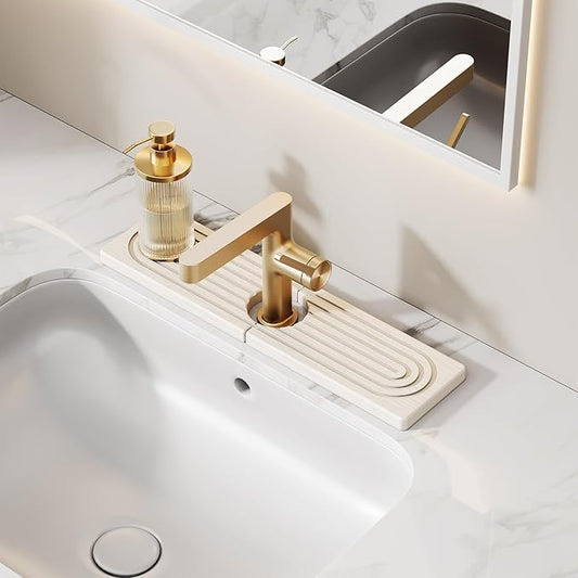15.7 Inch Stone Faucet Mat for Kitchen Sink Splash Guard, Diatomite Sink Protectors for Kitchen Sinks Behind Faucet, Quick Dry Water Absorbing Stone Tray , Drip Catcher (White, 15.7" x 3.9")