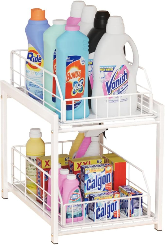 Lxmons 2 Tier Sliding Basket Drawer Organizer, Pull Out Under Sink Cabinets Organizers, Metal Home Shelf for Bathroom or Kitchen, Sliding Countertop or Pantry Storage Shelf, White