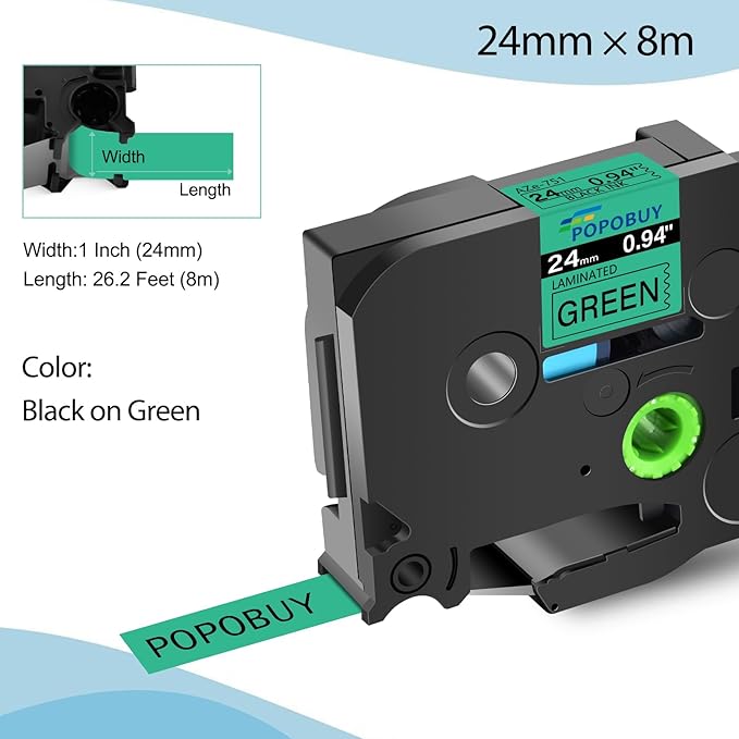TZ TZe 24mm 0.94 Laminated Green Tape Compatible for Ptouch TZ751 TZ-751 TZe-751 TZe751 Label Tape for PTD600 PTD610BT PTP710BT Label Maker, 5 Pack Black on Green