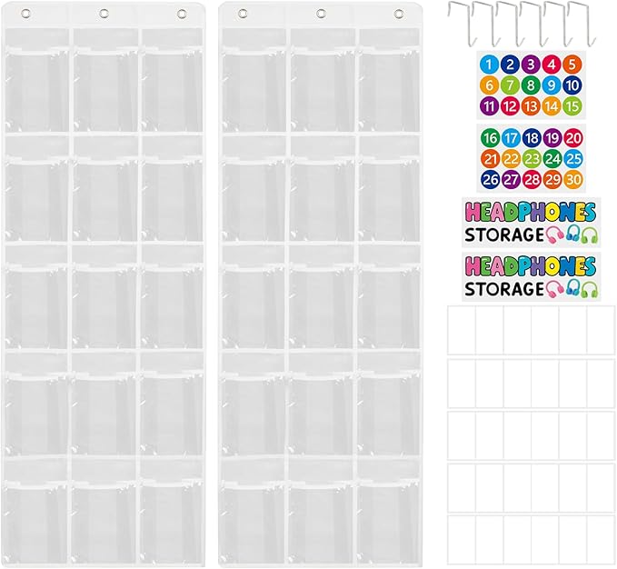 2 Pack Classroom Headphone Storage Organizer with 30 Pockets, PVC Clear Classroom Pocket Chart for Headphone Cell Phone Over-the-Door Hanging Headphone Holder Bag with 62 Labels(White)