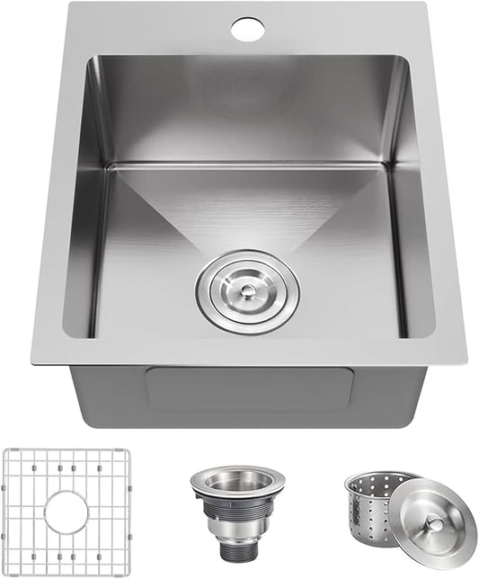 15x17 Inch Bar Sink Drop In, Topmount Kitchen Sink Stainless Steel Square Small Sinks, Single Bowl Kitchen Sinks for Laundry Wet Bar Prep RV Office Outdoor Yard VALISY YJ1517SW