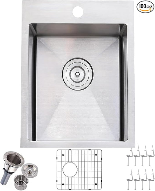 15x20 Inch Bar Sink Drop In Topmount Small Workstation Stainless Steel Single Bowl Kitchen Sink for Laundry Wet Bar Prep RV Office Outdoor Yard