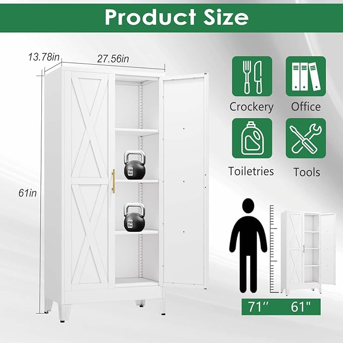 61" Kitchen Pantry Cabinet, Metal Storage Cabinet with 2 Doors and 3 Adjustable Shelves, White Food Pantry Cupboard for Kitchen, Dining Room, Living Room and Bathroom (White)