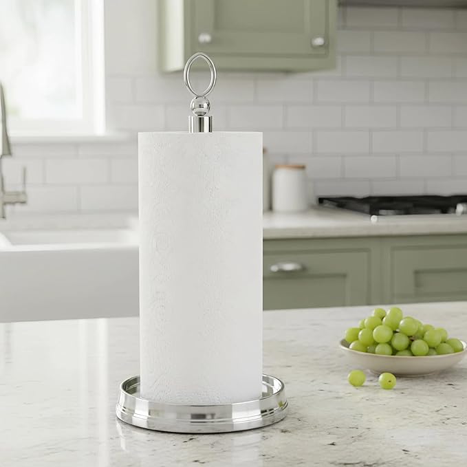KASUNTO Paper Towel Holder (with Heavy Weighted Base) Steel Paper Holder countertop，Black Paper Towel Holder for Kitchen Countertops, Bars & Dining Tables,Fits Standard & Jumbo Rolls,Chrome