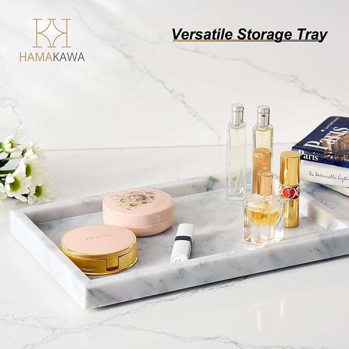HAMAKAWA Large Bathroom Vanity Tray, Real Natural Marble Sink Tray 12 inch, Carrara White Stone Toilet Tank Trays, Modern Dresser Trays, Countertop Organizer for Kitchen Counter, Soap Dispenser