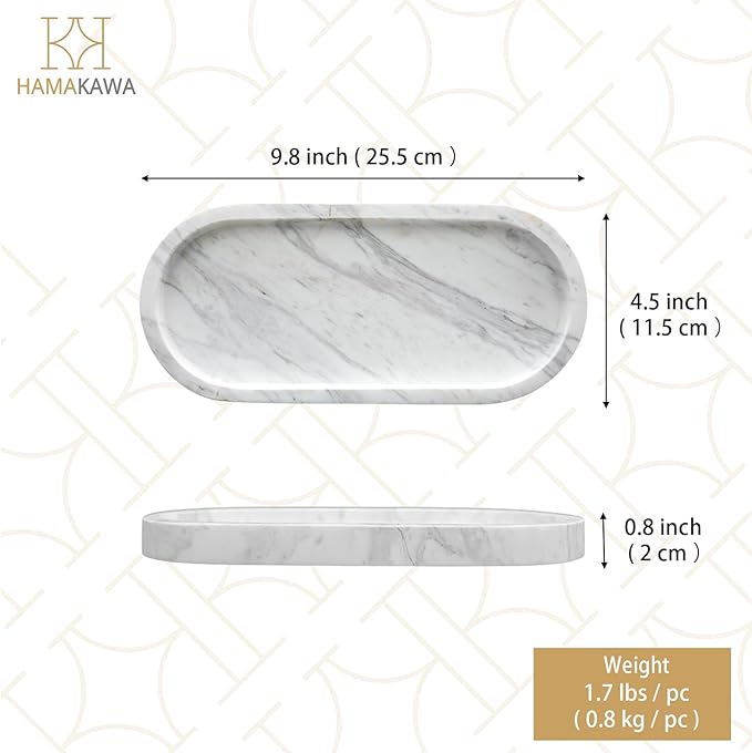 HAMAKAWA Oval Bathroom Vanity Tray, Large Natural Marble Sink Tray 10 inch, Volakas White Stone Soap Trays, Modern Perfume Trays, Countertop Organizer for Kitchen, Coffee Table, Home Decor