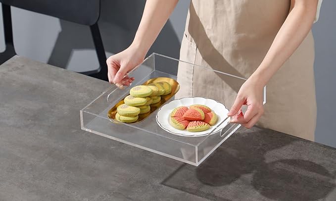 BEYLANG Clear Sturdy Acrylic Serving Tray with Handles-12x12 Inch-Serving Coffee,Appetizer,Breakfast,Butler-Kitchen Countertop Makeup Drawer Organizer-Vanity Table,Ottoman Tray