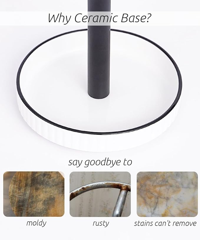 VROOMIUM Black Paper Towel Holder Countertop, Ceramic Base Easy-to-Clean, 1.5 lbs, 7" B x 12.5" H, Stable Elegant and Durable Kitchen Roll Stand