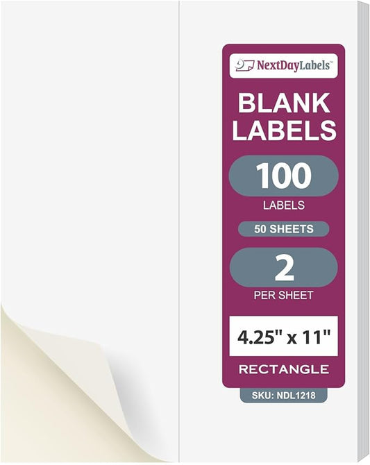 NextDayLabels 4.25x11 Inch Rectangle Stickers White Blank Labels for Laser Inkjet Printer - 2 Per Sheet Self-Adhesive Shipping Packaging Product Made in USA - 100 Labels