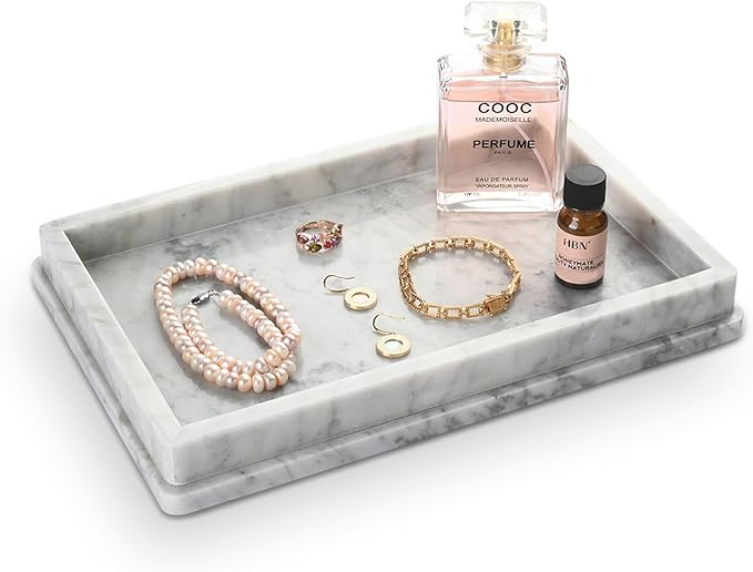 HAMAKAWA Large Natural Marble Bathroom Vanity Tray 12 inch, Carrara White Stone Jewelry Tray, Rectangle Sink Trays, Modern Tank Trays, Countertop Organizer for Soap Dispenser, Kitchen, Home Decor