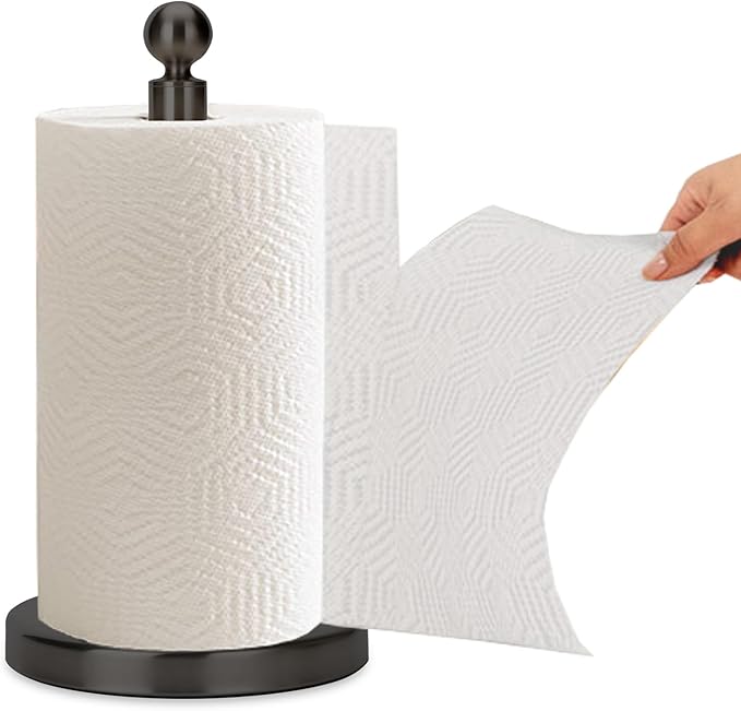 Kalitro Paper Towel Holder Countertop, Standing Paper Towel Roll Holder for Kitchen Bathroom, with Weighted Base for One-Handed Operation, No Wobbly (Stainless Steel Base, Black)