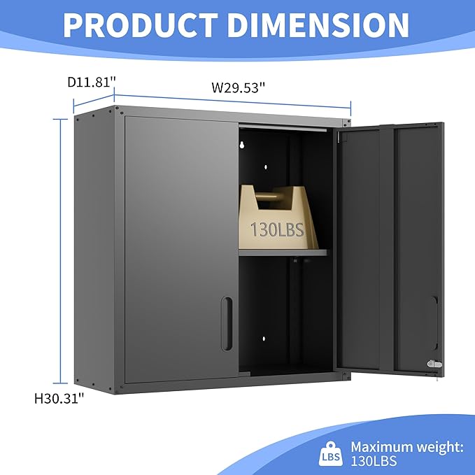 BIZOEIRON Garage Wall Cabinet with Doors and Shelves, Metal Wall Mounted Storage Cabinet with Lock, Hanging Tool Cabinet for Garage Utility Room, Black