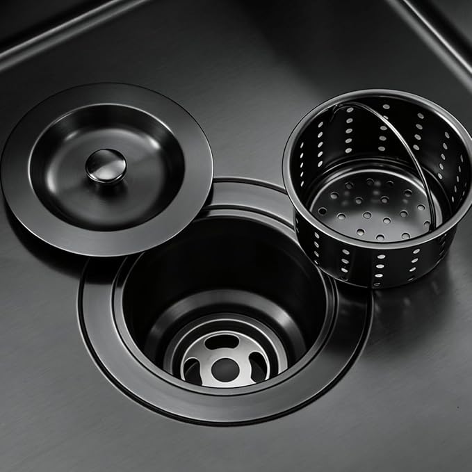POPFLY 3-1/2 Inch Sink Drain Assembly Brushed 304 Stainless Steel Removable Deep Strainer Basket, Rust-Proof & Easy Install with Sealing Lid＆Tailpiece, for Home/Bathroom/Commercial Sinks, Black