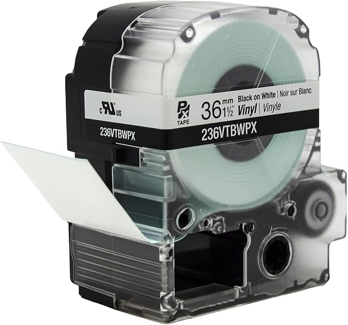 Epson LABELWORKS 236VTBWPX-5PK Genuine Tape Cartridge - Black on White Flexible and Durable Vinyl Industrial Label Maker Tape - 1.5" (36MM) Wide, 22.9 ft - 5 Pack