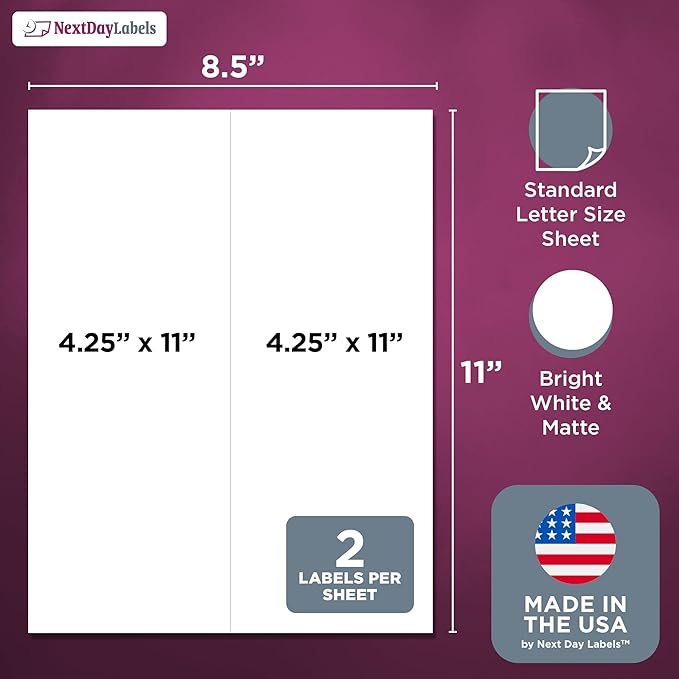 NextDayLabels 4.25x11 Inch Rectangle Stickers White Blank Labels for Laser Inkjet Printer - 2 Per Sheet Self-Adhesive Shipping Packaging Product Made in USA - 100 Labels
