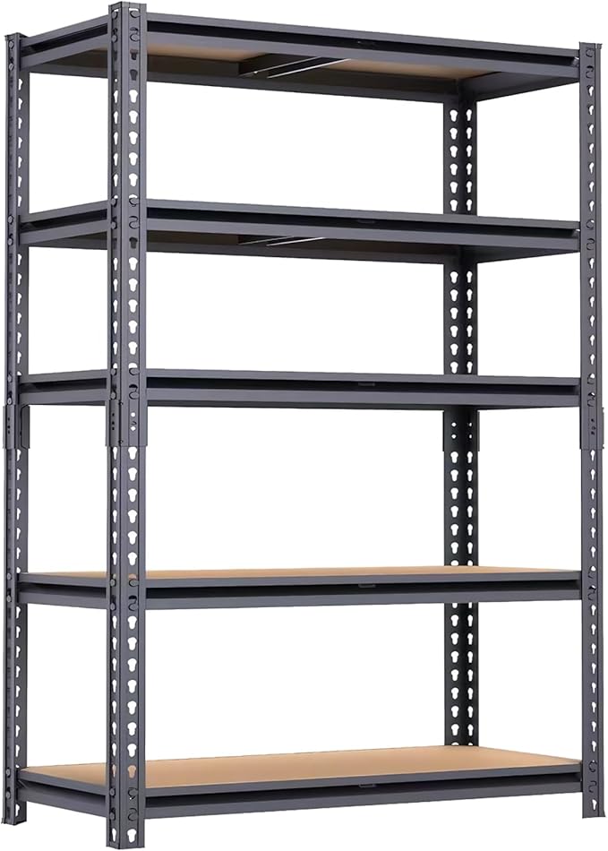 5-Tier Garage Storage Shelves, Heavy Duty Adjustable Shelving Unit, 60"H Garage Rack with 2400lbs Capacity, Metal Utility Shelves for Warehouse, Basement, Pantry, Tool Room, Home Organization