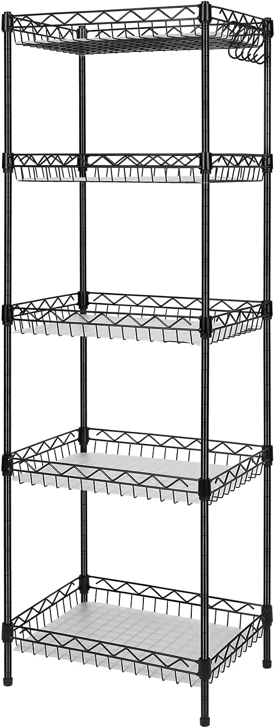 Storage Shelves, 5-Tier Wire Shelving Unit with Baskets Storage Rack Corner Shelf Shelving Adjustable Storage Shelf, 11.8" D x 15.7" W x 63" H, Black