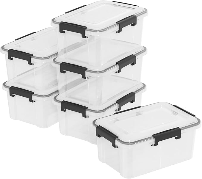 Set of 6 12 Quart Plastic Stackable Storage Bins with Gasket Seal Lids, Watertight Storage Container, Clear Latch Box Tote